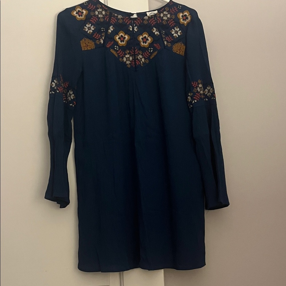 Blue Rain Floral Embroidered Long Sleeve Dress